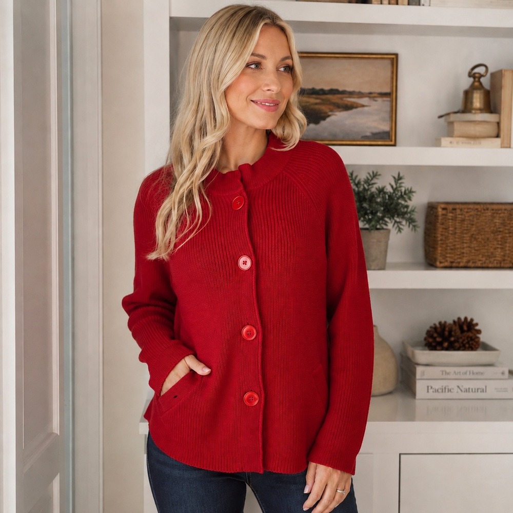 Talbots Petites Red Button Front Cardigan Sweater PL Large Cotton Rayon